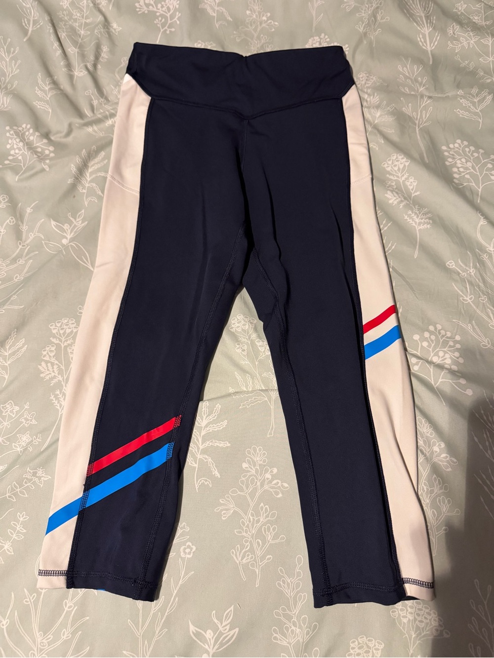 Navy Active Capri Leggings with Red & Blue Stripes